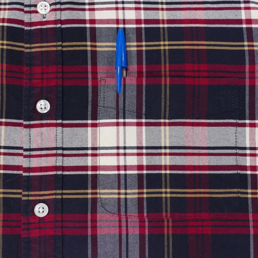 J Crew Oxford Shirt Mens Large SLIM Fit Red Navy Blue Plaid Long Sleeve